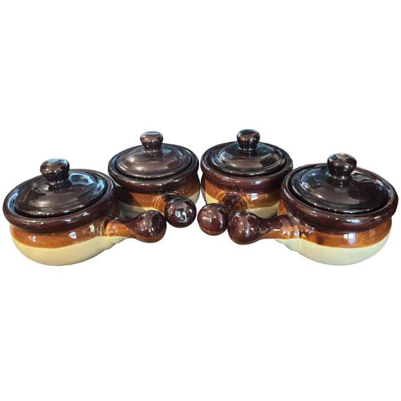4 Stoneware Crock Bowls Handles & Lids French Onion Soup Bowls Vintage Style - Picture 2 of 4